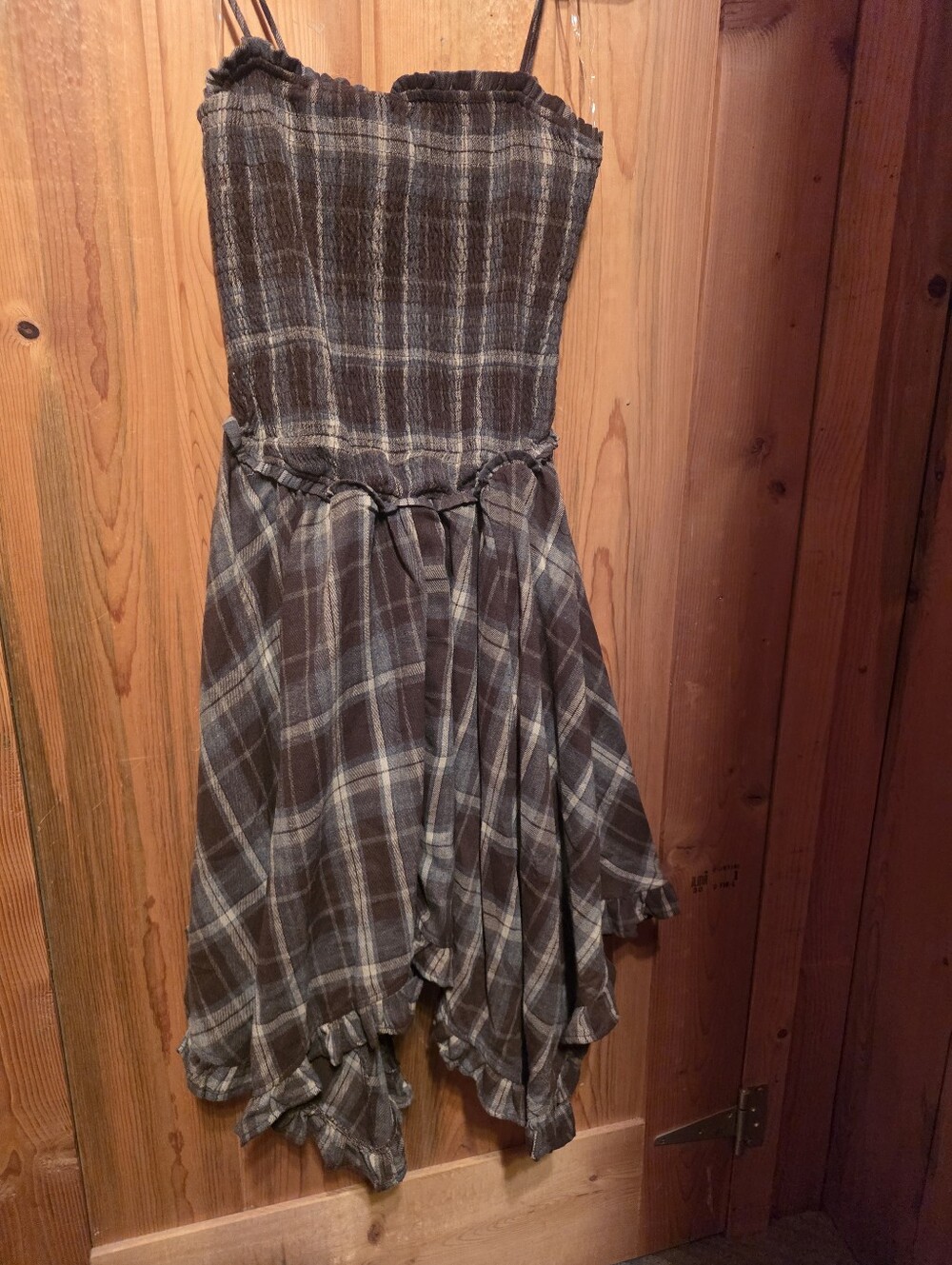 Plaid Brown & Gray Smocked Spaghetti Strap Dress
